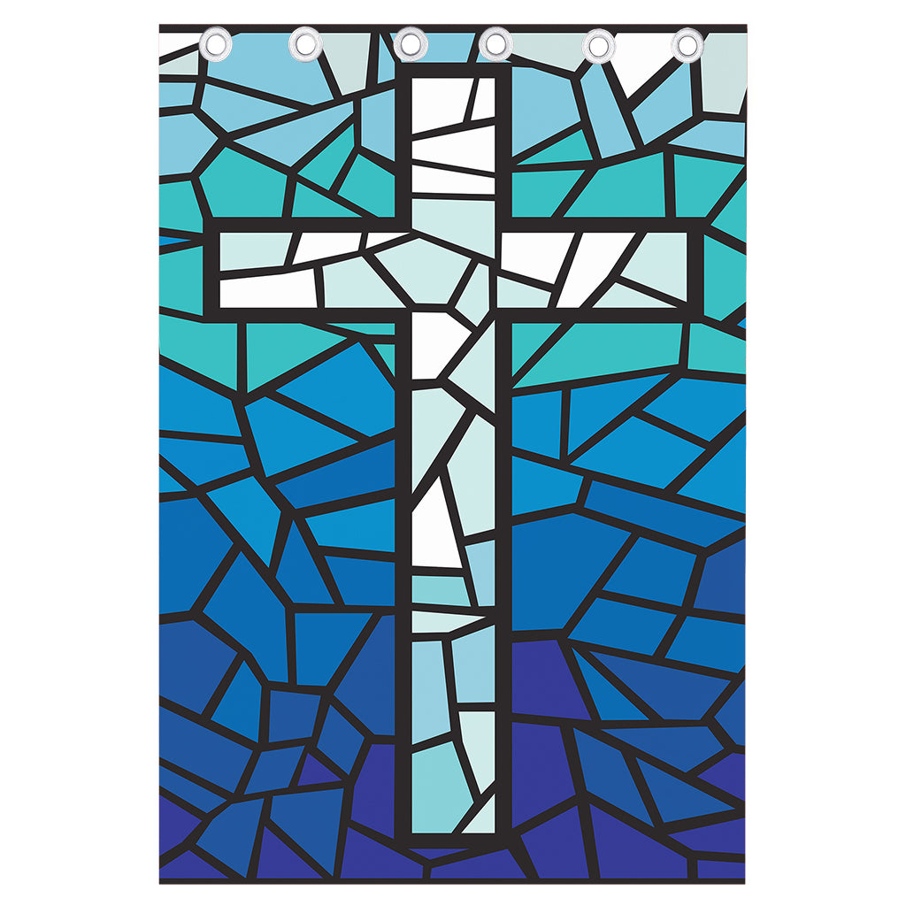 Blue Stained Glass Cross Print Curtain