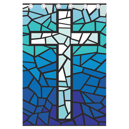 Blue Stained Glass Cross Print Curtain