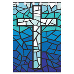Blue Stained Glass Cross Print Curtain