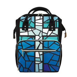 Blue Stained Glass Cross Print Diaper Bag