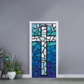 Blue Stained Glass Cross Print Door Sticker