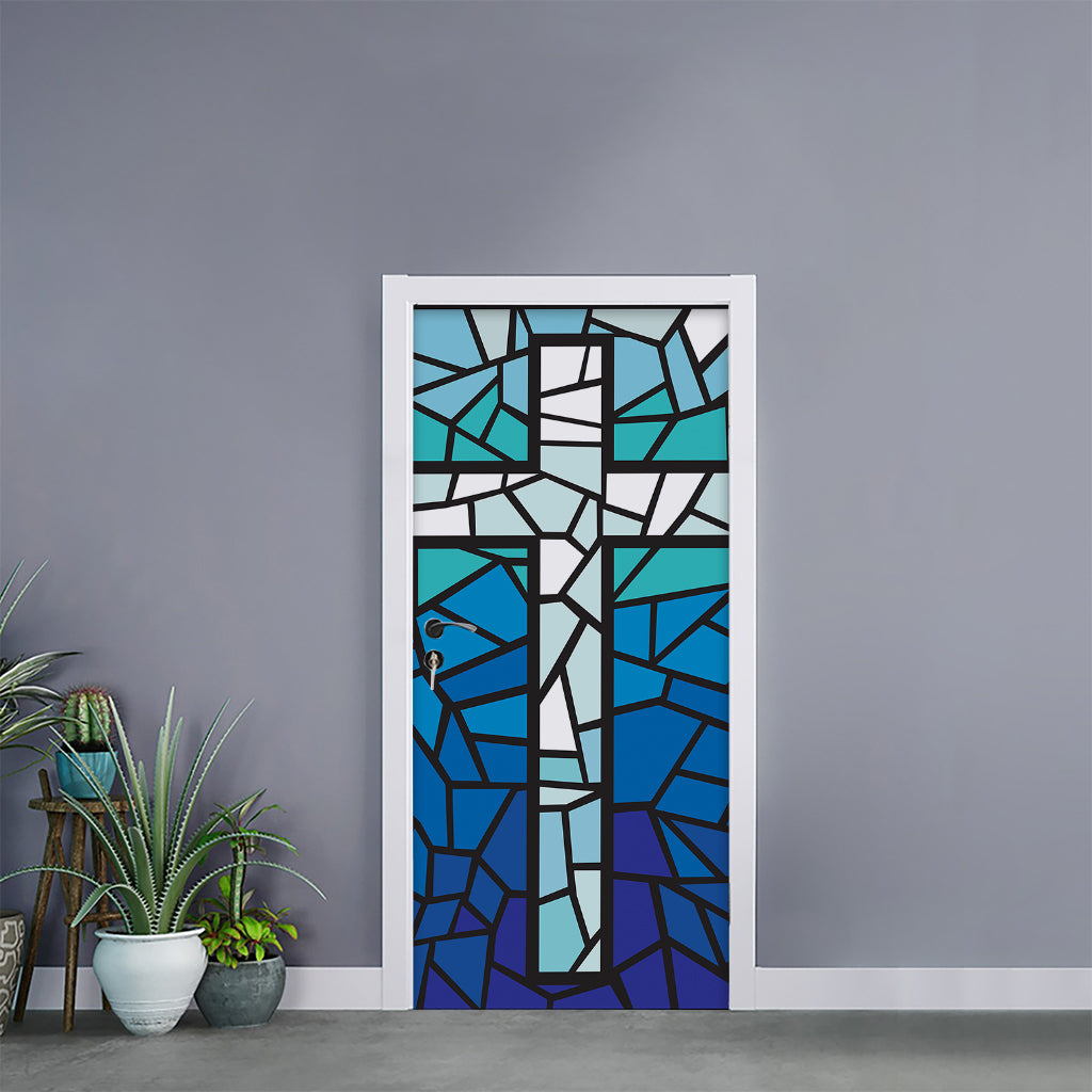 Blue Stained Glass Cross Print Door Sticker