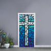 Blue Stained Glass Cross Print Door Sticker