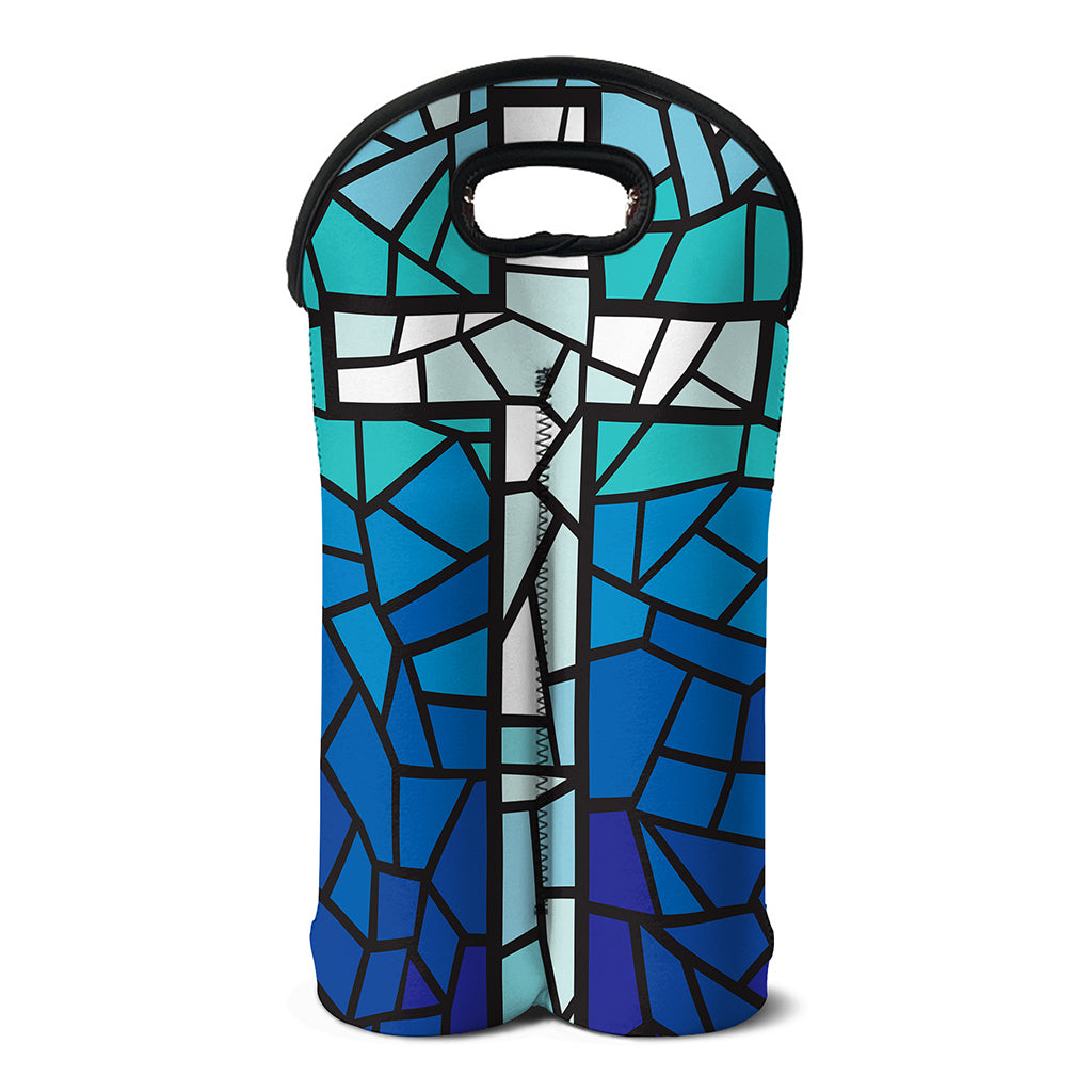 Blue Stained Glass Cross Print Double Neoprene Wine Tote