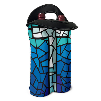 Blue Stained Glass Cross Print Double Neoprene Wine Tote