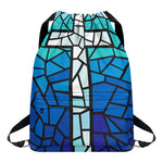 Blue Stained Glass Cross Print Drawstring Backpack
