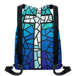 Blue Stained Glass Cross Print Drawstring Backpack