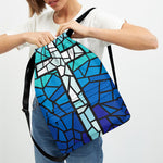 Blue Stained Glass Cross Print Drawstring Backpack