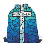 Blue Stained Glass Cross Print Drawstring Bag