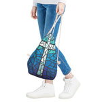 Blue Stained Glass Cross Print Drawstring Bag