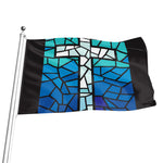 Blue Stained Glass Cross Print Flag