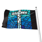 Blue Stained Glass Cross Print Flag