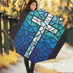 Blue Stained Glass Cross Print Foldable Umbrella