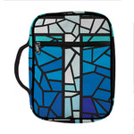 Blue Stained Glass Cross Print Front Pocket Bible Bag