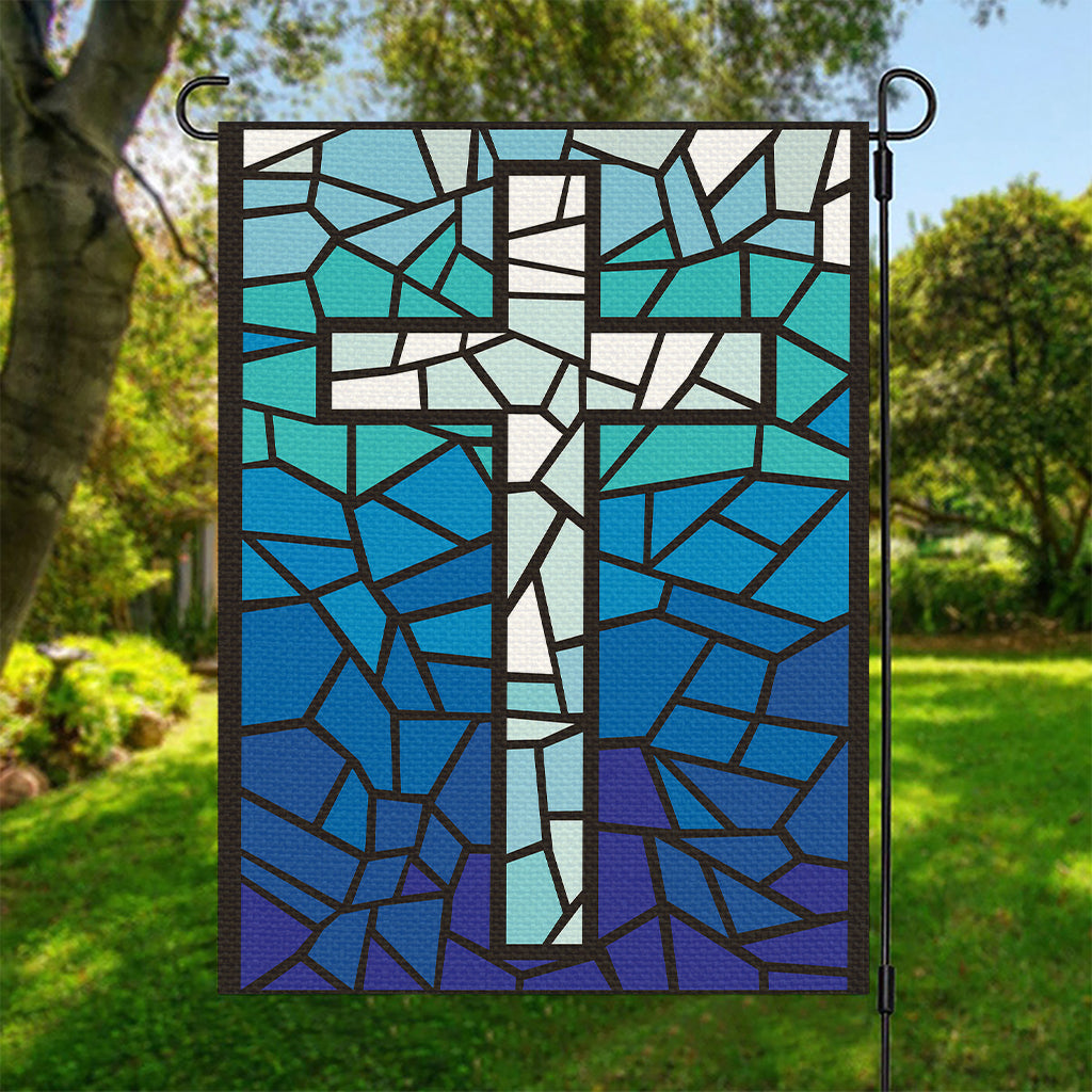 Blue Stained Glass Cross Print Garden Flag