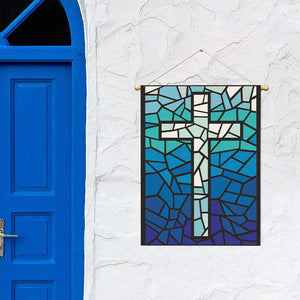 Blue Stained Glass Cross Print Garden Flag