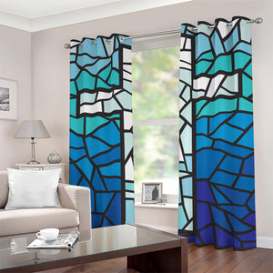 Blue Stained Glass Cross Print Grommet Curtains