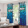 Blue Stained Glass Cross Print Grommet Curtains