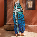 Blue Stained Glass Cross Print Harem Pants