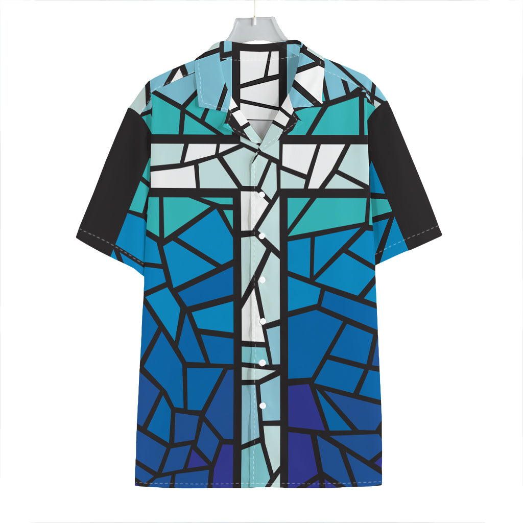 Blue Stained Glass Cross Print Hawaiian Shirt