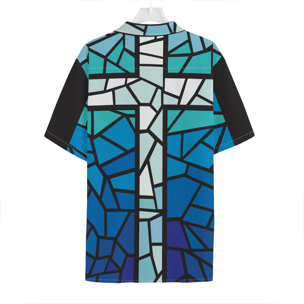 Blue Stained Glass Cross Print Hawaiian Shirt