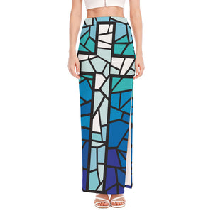 Blue Stained Glass Cross Print High Slit Maxi Skirt