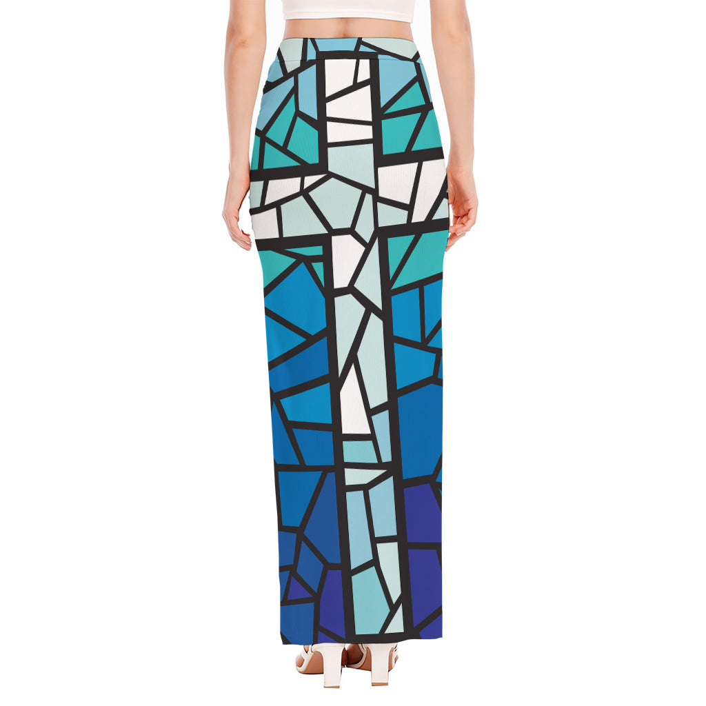 Blue Stained Glass Cross Print High Slit Maxi Skirt