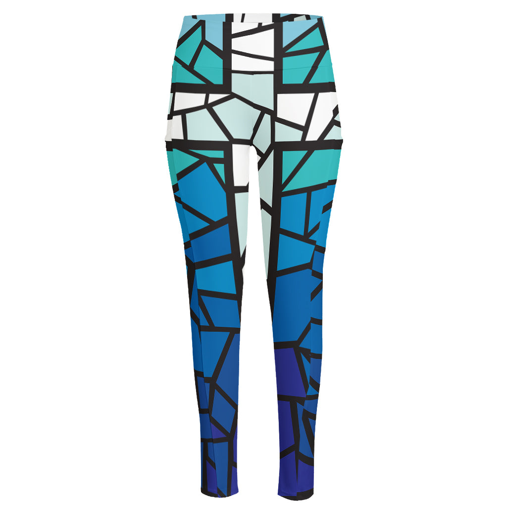 Blue Stained Glass Cross Print High-Waisted Pocket Leggings