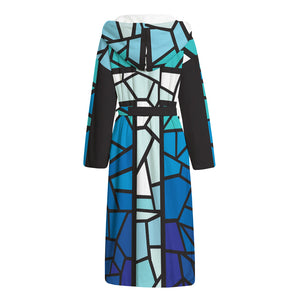 Blue Stained Glass Cross Print Hooded Bathrobe