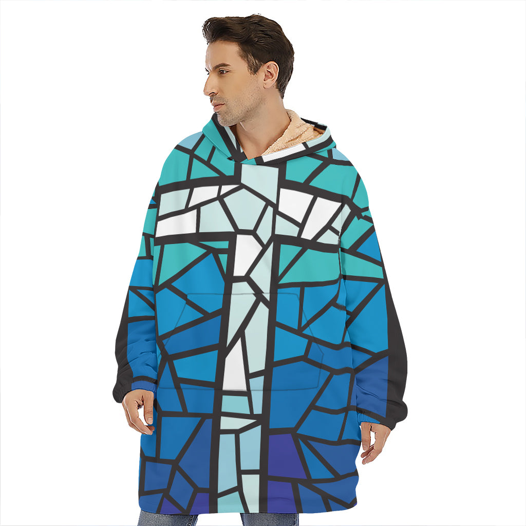 Blue Stained Glass Cross Print Hoodie Blanket