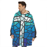 Blue Stained Glass Cross Print Hoodie Blanket