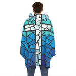 Blue Stained Glass Cross Print Hoodie Blanket
