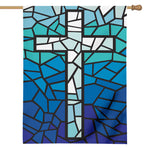 Blue Stained Glass Cross Print House Flag