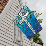 Blue Stained Glass Cross Print House Flag