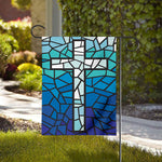 Blue Stained Glass Cross Print House Flag