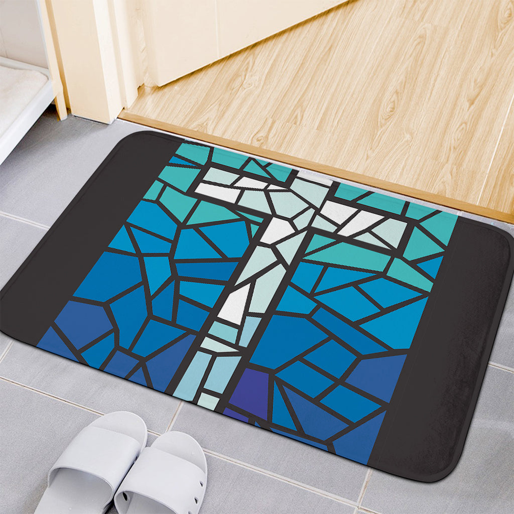 Blue Stained Glass Cross Print Indoor Door Mat