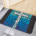 Blue Stained Glass Cross Print Indoor Door Mat