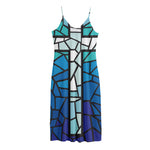 Blue Stained Glass Cross Print Jersey Midi Cami Dress