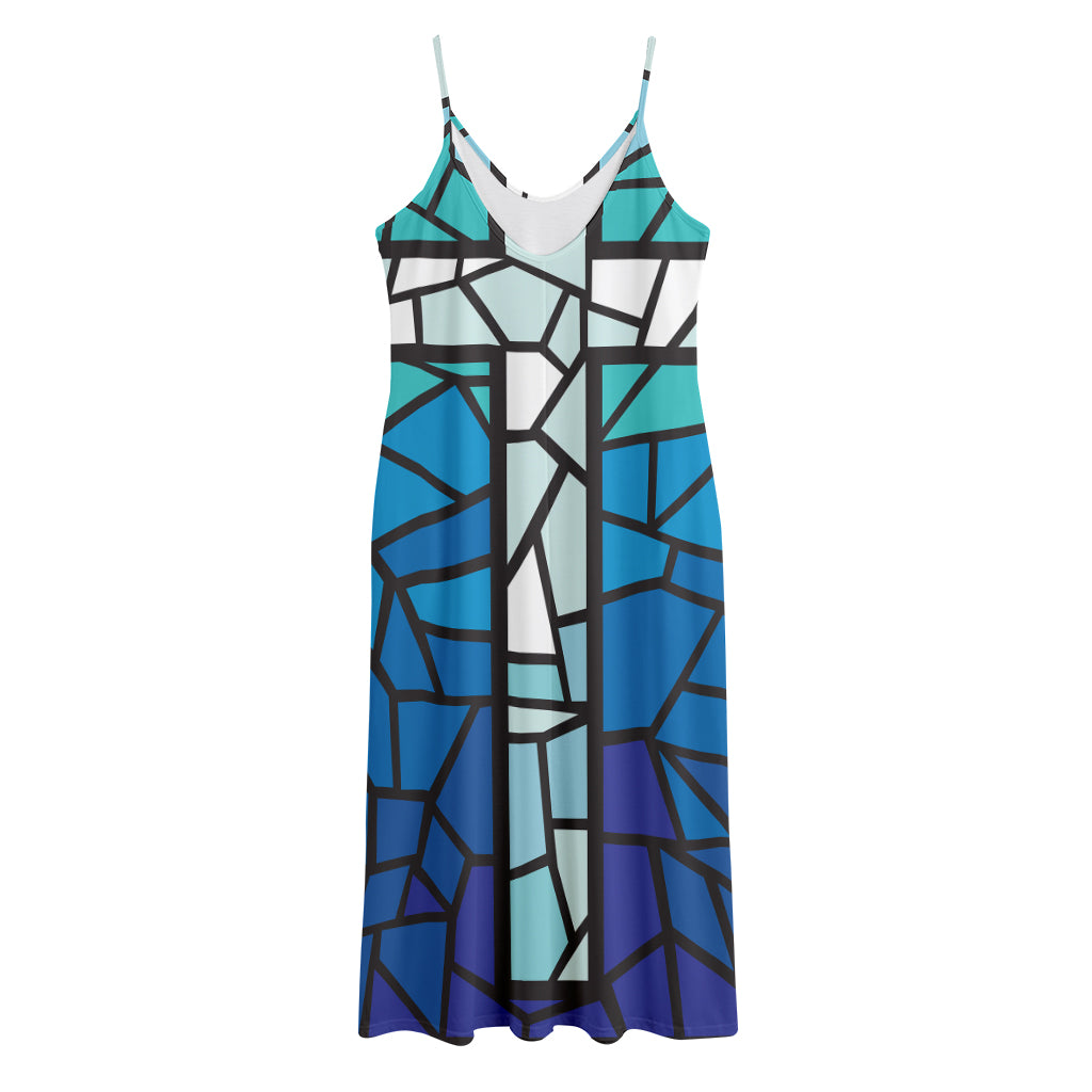 Blue Stained Glass Cross Print Jersey Midi Cami Dress