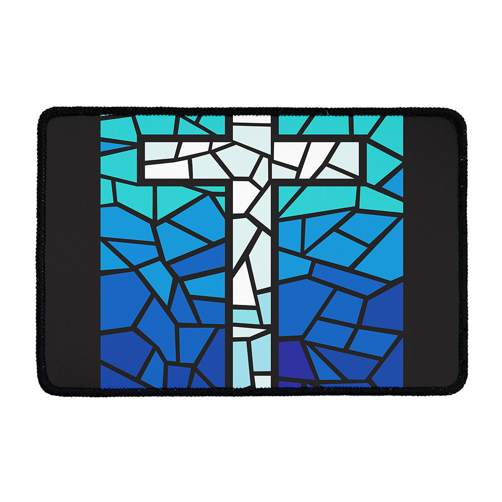 Blue Stained Glass Cross Print Kitchen Mat