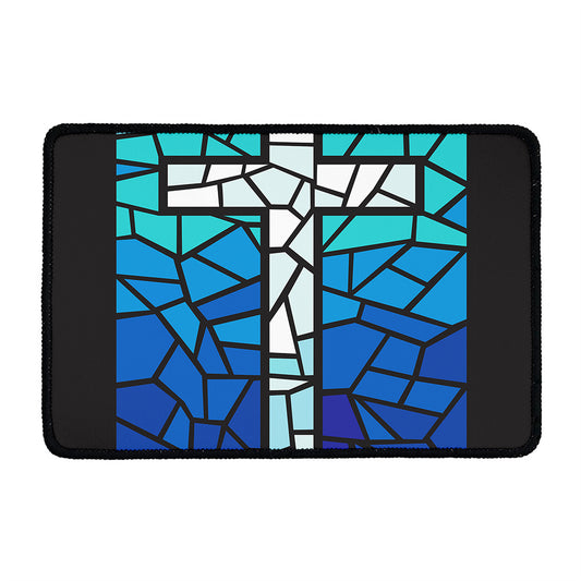 Blue Stained Glass Cross Print Kitchen Mat
