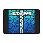 Blue Stained Glass Cross Print Kitchen Mat