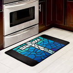 Blue Stained Glass Cross Print Kitchen Mat