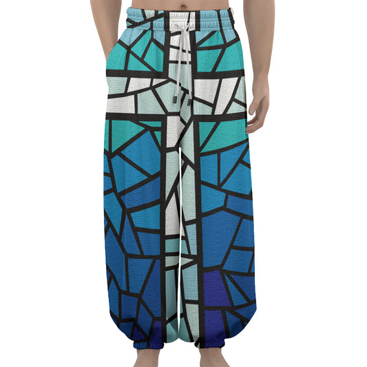 Blue Stained Glass Cross Print Lantern Pants