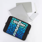 Blue Stained Glass Cross Print Laptop Sleeve