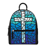 Blue Stained Glass Cross Print Leather Backpack