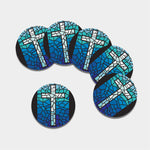 Blue Stained Glass Cross Print Leather Coaster Set