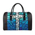 Blue Stained Glass Cross Print Leather Duffel Bag