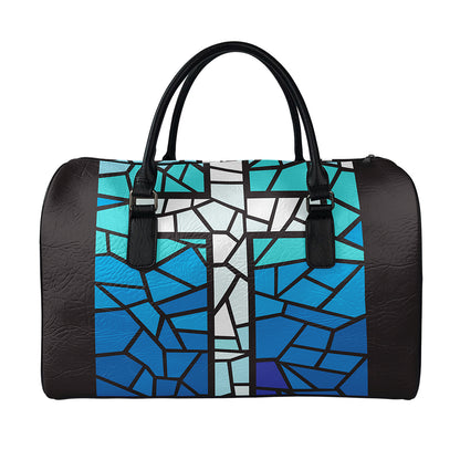 Blue Stained Glass Cross Print Leather Duffle Bag