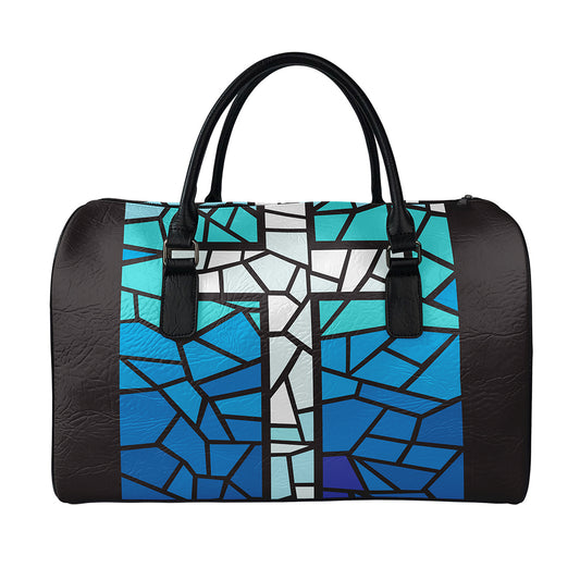 Blue Stained Glass Cross Print Leather Duffle Bag